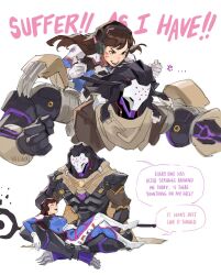  1boy 1girl anger_vein brown_cape brown_eyes brown_hair cape carrying couple d.va_(overwatch) english_text eye_contact facial_mark gloves grabbing_another&#039;s_hair hand_on_own_stomach headphones hetero humanoid_robot long_hair looking_at_another lying_on_person multiple_views overwatch overwatch_2 piggyback pilot_suit ramattra_(overwatch) robot simple_background sitting sitting_on_lap sitting_on_person talking velinxi whisker_markings white_background white_gloves 