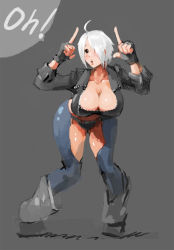 1girl angel_(kof) bad_id bad_pixiv_id blush boots breasts brown_eyes chaps cleavage fingerless_gloves gloves hair_over_one_eye hip_focus jacket kunaboto large_breasts midriff panties short_hair sleeves_rolled_up snk solo the_king_of_fighters thighs thong underwear white_hair wide_hips rating:Sensitive score:94 user:danbooru