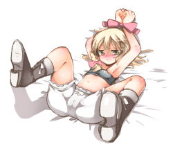 1girl aidumi armpits arms_up bad_id bad_pixiv_id bdsm blonde_hair bloomers blush bondage boots bound bound_wrists braid cameltoe cross-laced_footwear female_focus kirisame_marisa lace-up_boots loli lying navel on_back ribbon ribbon_bondage solo spread_legs touhou underwear underwear_only yellow_eyes rating:Questionable score:12 user:danbooru