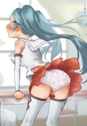 1girl ass bare_shoulders blue_eyes blue_hair blurry blurry_background blush breasts chair character_name day desk detached_sleeves diaper ear_blush embarrassed female_focus floral_print from_behind hair_ribbon highres indoors isuzu_(kancolle) japanese_text kantai_collection koorimizu leaning_forward leaning_on_object light_particles long_hair looking_at_viewer looking_back matching_hair/eyes medium_breasts miniskirt nose_blush open_mouth pink_diaper pleated_skirt red_skirt ribbon sailor_collar school_chair school_desk school_uniform serafuku shirt sidelocks skindentation skirt sleeveless sleeveless_shirt solo_focus standing star_(symbol) star_print sweat thighhighs translation_request twintails upskirt very_long_hair white_diaper white_ribbon white_sailor_collar white_shirt white_sleeves white_thighhighs wind wind_lift window rating:Questionable score:37 user:AngryZapdos