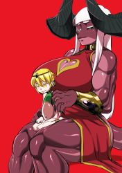 1boy 1girl blonde_hair blunt_bangs breasts claws cleavage_cutout clothing_cutout colored_skin crop_top demon_girl dress femdom futa_with_male futanari halterneck heart heart-shaped_pupils highres horns huge_breasts kiyoshi2431 kneeling large_penis long_hair muscular muscular_female original pelvic_curtain penis purple_skin red_background red_skin shota sidelocks sitting sitting_on_lap sitting_on_person size_difference stealth_sex stomach_bulge symbol-shaped_pupils tail thick_thighs thighs vambraces white_hair x-ray yellow_eyes rating:Explicit score:181 user:animeboy12