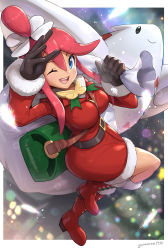  1girl alternate_costume artist_name belt between_breasts black_belt black_gloves blue_eyes blurry bokeh boots breasts carrying_over_shoulder christmas commentary creatures_(company) depth_of_field dress feathers full_body fur-trimmed_boots fur-trimmed_gloves fur_trim game_freak gen_4_pokemon gift_bag gloves gonzarez hair_between_eyes highres long_hair looking_at_viewer medium_breasts nintendo official_alternate_costume one_eye_closed open_mouth pink_hair pokemon pokemon_(creature) pokemon_masters_ex red_dress red_footwear santa_dress sidelocks signature skyla_(holiday_2020)_(pokemon) skyla_(pokemon) smile strap_between_breasts tan taut_clothes thighs togekiss topknot  rating:Sensitive score:27 user:danbooru