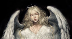  angel angel_wings blonde_hair closed_eyes dress fingernails halo lips long_hair original simple_background solo tears tomoe_(artist) upper_body wavy_hair wings 