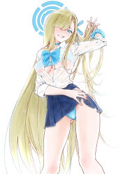  1girl absurdres adjusting_hair asuna_(blue_archive) blonde_hair blue_archive blue_bra blue_eyes blue_panties blush bra bra_visible_through_clothes breasts commentary_request hair_over_one_eye halo hashiguchi_takashi highres large_breasts long_hair miniskirt panties pantyshot school_uniform scrunchie see-through skirt smile solo underwear very_long_hair wrist_scrunchie 