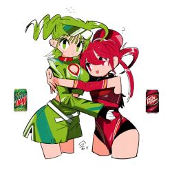  2girls cleavage_cutout closed_mouth clothing_cutout cowboy_shot cropped_jacket dr_pepper ear_piercing expressionless green_eyes green_hair green_jacket hair_between_eyes highres hug humanization jacket leotard maymay_pic mountain_dew multiple_girls open_mouth photo_inset piercing red_eyes red_hair simple_background sketch soda white_background 