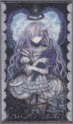  1girl absurdres acrylic_paint_(medium) bandaged_head bandages bow commentary_request doll dress expressionless flower flower_wreath grey_dress highres holding holding_flower lavender_(flower) long_hair one_eye_covered original painting_(medium) pale_skin purple_eyes purple_hair solo sumire_shisei traditional_media very_long_hair wavy_hair 