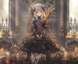  1girl architecture black_dress black_footwear blunt_bangs blurry blurry_foreground candle clock commentary_request day depth_of_field dress drill_hair expressionless feet_out_of_frame fire flower funeral_dress gothic_architecture gothic_lolita grey_hair grey_rose hair_flower hair_ornament half-closed_eyes highres indoors juliet_sleeves lolita_fashion long_hair long_sleeves looking_at_viewer looking_down missile228 on_chair original own_hands_together pantyhose parted_lips plant puffy_sleeves purple_eyes red_flower red_rose roman_numeral rose shoes sitting solo v_arms very_long_hair vines white_pantyhose window 