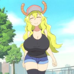  1girl animated animated_gif baseball_cap blonde_hair blue_sky blush bouncing bouncing_breasts breasts cleavage curvy denim denim_shorts dragon_girl closed_eyes fence flou_(flou_art) hat huge_breasts kobayashi-san_chi_no_maidragon large_breasts long_hair lucoa_(maidragon) outdoors shorts sky smile solo tank_top thick_thighs thighhighs thighs tree upper_body walking  rating:Sensitive score:334 user:JustHere4Butts