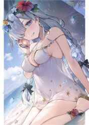  1girl anastasia_(fate) anastasia_(swimsuit_archer)_(fate) anastasia_(swimsuit_archer)_(second_ascension)_(fate) bare_shoulders beach blue_eyes blue_sky blush bow braid breasts cleavage collarbone dress dress_swimsuit fate/grand_order fate_(series) flower_wreath grin hair_bow hair_over_one_eye head_wreath highres large_breasts long_hair looking_at_viewer palm_tree revision sandals seashell shell shore sitting sky smile solo thighs tree twin_braids very_long_hair vivi_(eve_no_hakoniwa) wariza white_dress white_hair 