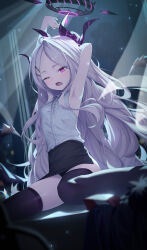 1girl absurdres arm_behind_head armpits arms_up black_skirt black_thighhighs blue_archive commentary demon_horns halo highres hina_(blue_archive) horns long_hair looking_at_viewer miniskirt multiple_horns one_eye_closed open_mouth pencil_skirt purple_eyes roi_(liu_tian) shirt shirt_tucked_in side_slit sitting skirt sleeveless sleeveless_shirt solo thighhighs very_long_hair wariza white_hair white_shirt yawning rating:Sensitive score:25 user:danbooru