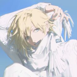  1boy adjusting_scarf arm_behind_head blonde_hair blue_background blue_eyes fai_d._flowright fingernails fringe_trim grin highres knee_up long_hair long_sleeves looking_to_the_side male_focus pants scarf simple_background smile solo sweater tsubasa_chronicle upper_body white_pants white_scarf white_sweater yuefanfan 