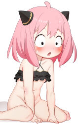  1girl absurdres ahoge anya_(spy_x_family) arm_between_legs barefoot between_legs bikini bikini_top_only black_bikini blush bottomless breasts convenient_arm female_focus hair_ornament hand_between_legs highres loli navel oishi_kuwagata open_mouth paid_reward_available pink_hair short_hair simple_background sitting small_breasts solo spy_x_family sweatdrop swimsuit thighs wariza wide-eyed  rating:Questionable score:117 user:MonsieurCinq