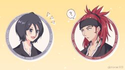  1boy 1girl :d ? abarai_renji black_hair black_headband black_kimono bleach bleach:_sennen_kessen-hen blush brown_eyes character_name close-up commentary double-parted_bangs eye_contact forehead_tattoo hair_between_eyes happy headband high_ponytail highres japanese_clothes kimono kuchiki_rukia long_hair looking_at_another neck_tattoo notice_lines open_mouth parted_lips purple_eyes red_hair rinner373 short_eyebrows short_hair simple_background smile speech_bubble spoken_question_mark tattoo tsurime twitter_username white_background wide-eyed yellow_background 