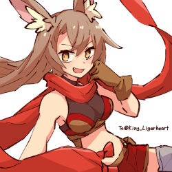  1girl alonemistrist animal_ears bare_shoulders breasts brown_hair dragalia_lost fang long_scarf medium_breasts open_mouth rabbit rabbit_ears rabbit_girl red_scarf red_shorts renelle scarf shorts yellow_eyes 