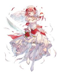  1girl boots bow bridal_veil bride damaged detached_sleeves dress fire_emblem fire_emblem_engage fire_emblem_heroes flower gloves gold_trim hairband halterneck highres holding holding_sword holding_weapon lapis_(fire_emblem) lapis_(mighty_bride)_(fire_emblem) miwabe_sakura nintendo non-web_source official_alternate_costume official_art pink_eyes pink_hair red_bow red_flower red_rose rose solo sword thigh_boots torn_clothes torn_dress two-tone_hairband veil weapon wedding_dress white_background white_dress white_gloves white_hairband yellow_hairband 