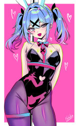  1girl :d animal_ears arms_behind_back bare_shoulders black_leotard black_pantyhose blue_eyes blue_hair blush border bow bowtie breasts contrapposto cowboy_shot detached_collar fake_animal_ears gradient_hair hair_between_eyes hair_intakes hair_ornament hairband hatsune_miku heart heart-shaped_pupils highleg highleg_leotard highres large_breasts legs_apart leotard long_hair looking_at_viewer multicolored_hair nekobox open_mouth outside_border pantyhose pink_background pink_hair playboy_bunny pole pure_pure_(rabbit_hole) rabbit_ears rabbit_hole_(vocaloid) red_bow red_bowtie short_twintails sidelocks signature smile solo stripper_pole symbol-shaped_pupils thigh_strap twintails vocaloid white_border white_hairband x_hair_ornament 