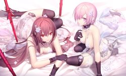 2girls absurdres anklet arm_support artoria_pendragon_(fate) artoria_pendragon_(lancer_alter)_(fate) artoria_pendragon_(lancer_alter)_(fate)_(cosplay) artoria_pendragon_(lancer_alter)_(royal_icing)_(fate) ass babydoll bare_shoulders black_panties blush bracelet breasts choker cleavage commentary_request cosplay craft_essence_(fate) fate/grand_order fate_(series) gae_bolg_(fate) garter_belt glasses gloves hair_between_eyes hair_over_one_eye hand_on_own_chest high_heels highres jewelry large_breasts lingerie long_hair looking_at_viewer lying mash_kyrielight mashima_saki_(mashimasa) multiple_girls navel necklace official_alternate_costume on_stomach open_mouth panties pink_hair purple_eyes purple_hair red_eyes revealing_clothes revision scathach_(fate) see-through short_hair sitting smile thighhighs underwear very_long_hair white_footwear yokozuwari rating:Sensitive score:50 user:danbooru