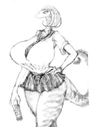  1girl 2b-ge breasts can female_focus furry furry_female hand_on_own_hip holding holding_can huge_breasts lizard_tail miniskirt monochrome original reptile_girl school_uniform serafuku skirt slit_pupils solo standing tail thick_thighs thighs white_background 