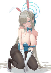  1girl absurdres animal_ears asuna_(blue_archive) asuna_(bunny)_(blue_archive) asymmetrical_bangs bare_shoulders between_legs black_pantyhose blue_archive blue_bow blue_bowtie blue_eyes blue_halo blue_leotard blue_ribbon blurry bow bowtie breasts cleavage collarbone commentary depth_of_field detached_collar fake_animal_ears full_body gloves grin hair_over_one_eye hair_ribbon hairband halo hand_between_legs hendiamond highres large_breasts leotard light_brown_hair long_hair looking_at_viewer official_alternate_costume own_hands_together pantyhose parted_lips playboy_bunny rabbit_ears ribbon shoes simple_background smile solo squatting strapless strapless_leotard thighband_pantyhose tiptoes v_arms very_long_hair white_background white_footwear white_gloves white_hairband 