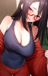1girl absurdres black_hair black_tank_top blush breasts cleavage collarbone covered_navel demi-chan_wa_kataritai glasses head_tilt highres holding holding_clothes holding_jacket indoors jacket jacket_partially_removed large_breasts long_hair looking_at_viewer marse_(rokudaime) open_clothes open_jacket pants purple_eyes red-framed_eyewear red_jacket red_pants satou_sakie shirt sidelocks smile solo straight_hair tank_top taut_clothes taut_shirt track_jacket track_pants rating:Sensitive score:54 user:danbooru