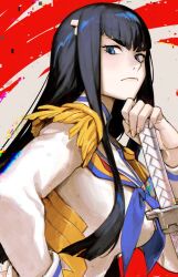 1girl black_hair blue_eyes blue_neckerchief breasts closed_mouth frown grey_background hair_ornament hand_on_own_hip hand_up highres holding holding_sword holding_weapon junketsu katana kill_la_kill kiryuuin_satsuki large_breasts long_hair long_sleeves neckerchief neekosiah red_background sideways_glance solo sword weapon rating:Sensitive score:15 user:danbooru