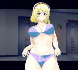  2girls 3d alice_margatroid artificial_academy_2 bikini blonde_hair blush breasts cowboy_shot female_focus illusion indoors large_breasts looking_at_viewer multiple_girls navel standing swimsuit touhou  rating:Sensitive score:8 user:xhion24