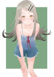  1girl aqua_shorts bare_arms bare_legs bare_shoulders blush camisole collarbone colored_eyelashes commentary_request feet_out_of_frame flat_chest gakuen_idolmaster gradient_hair green_background grey_hair highres idolmaster long_hair looking_at_viewer mana_(uyvh7375) multicolored_hair orange_eyes shinosawa_hiro shorts simple_background skinny smile spaghetti_strap two-tone_background very_long_hair 