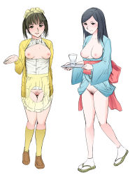  2girls blue_eyes blue_hair blush breasts breasts_out clothes crotchless female_focus glass green_eyes green_hair highres japanese_clothes maid medium_breasts multiple_girls navel nipples pubic_hair pussy shoes simple_background socks standing suihosuruotoko2 uncensored 