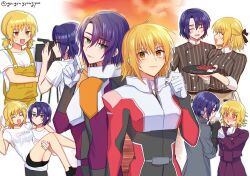  1boy 1girl amulet artist_name ascot athrun_zala black_shorts blonde_hair blue_hair blush bow breasts cagalli_yula_athha camera carrying copyright_name couple formal gougougyougyou green_eyes grey_jacket gundam gundam_cafe gundam_seed gundam_seed_freedom hair_bow hand_grab holding holding_plate jacket jewelry kiss kissing_hand matching_outfits medium_breasts multiple_views nose_blush official_alternate_costume pant_suit pants pilot_suit plate princess_carry recording ring shirt short_hair short_shorts shorts smile suit sunset white_ascot white_shirt yellow_eyes yellow_overalls 