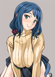  1girl apron blue_hair blush breasts commentary_request green_eyes grey_background gundam gundam_build_fighters haro_button_badge iori_rinko large_breasts lips lipstick long_hair looking_at_viewer makeup mature_female photoshop_(medium) ponytail ribbed_sweater simple_background smile solo sweater tonbo turtleneck 