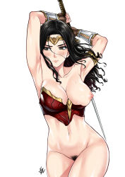  1girl areola_slip armor armpits arms_up bad_id bad_pixiv_id black_hair blush bottomless breasts broken_armor brown_eyes dc_comics female_pubic_hair highres hip_focus lips long_hair medium_breasts navel nipples one_breast_out pubic_hair simple_background solo sweat thighs white_background wonder_woman wonder_woman_(series) xter  rating:Questionable score:225 user:danbooru