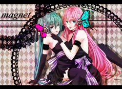 2girls aqua_eyes aqua_hair argyle argyle_background argyle_clothes arm_garter arm_support armband bare_shoulders black_dress black_gloves black_legwear blue_eyes bug butterfly butterfly_hair_ornament checkered_background choker dress elbow_gloves female_focus fingerless_gloves gloves green_eyes green_hair hair_between_eyes hair_ornament hand_on_another&#039;s_shoulder hatsune_miku headphones insect lace lace-trimmed_legwear lace_trim letterboxed long_hair looking_at_viewer magnet_(vocaloid) megurine_luka multiple_girls open_mouth pink_hair ribbon round_teeth sakura_(0tjagjmgptjm) sitting strapless strapless_dress striped_ribbon teeth thighhighs twintails very_long_hair vocaloid yuri rating:Sensitive score:14 user:danbooru