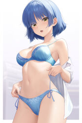  1girl bare_shoulders blue_bra blue_hair blue_panties bocchi_the_rock! border bra breasts collared_shirt commentary cowboy_shot earrings gradient_background grey_background groin highres holding jewelry looking_at_viewer medium_breasts mocchisake mole mole_under_eye navel off_shoulder open_clothes open_mouth open_shirt panties parted_bangs print_panties shirt short_hair sidelocks solo stomach strap_gap string_panties stud_earrings underwear white_border white_shirt yamada_ryo yellow_eyes  rating:Sensitive score:66 user:danbooru