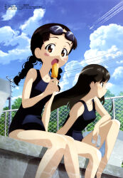  2girls absurdres aircraft airplane black_hair black_one-piece_swimsuit blue_sky blush_stickers braid brown_eyes chain-link_fence cloud contrail day fence food fukuda_haru girls_und_panzer goggles goggles_on_head highres holding holding_food holding_popsicle long_hair looking_at_viewer magazine_scan megami_magazine multiple_girls nishi_kinuyo official_art one-piece_swimsuit open_mouth outdoors poolside popsicle power_lines scan school_swimsuit sitting sky smile swim_goggles swimsuit thighs tree twin_braids utility_pole 