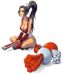 1girl bare_shoulders breasts brown_hair cleavage folded_fan concept_art hand_fan fatal_fury fingerless_gloves folding_fan gloves japanese_clothes large_breasts crossed_legs long_hair neo_geo_battle_coliseum ninja official_art pelvic_curtain ponytail revealing_clothes shiranui_mai sitting snk solo tabi the_king_of_fighters rating:Sensitive score:17 user:danbooru