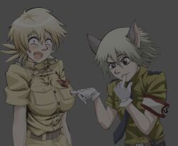  1boy 1girl animal_ears blonde_hair blue_eyes blush breasts cat_boy cat_ears embarrassed gloves hand_on_own_face hellsing large_breasts nazi open_mouth pink_eyes schroedinger_(hellsing) seras_victoria swastika uniform 