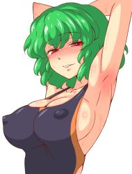  1girl armpits arms_up blush breasts cleavage competition_swimsuit covered_erect_nipples green_hair hanazuka_ryouji kazami_yuuka large_breasts looking_at_viewer naughty_face one-piece_swimsuit parted_lips red_eyes sideboob smile solo sweat swimsuit touhou upper_body wet  rating:Questionable score:22 user:danbooru