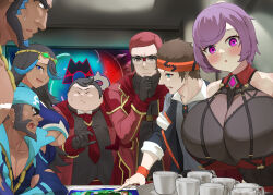 2girls 5boys aged_up archie_(pokemon) bandana bandeau bare_shoulders belt between_breasts black_belt black_gloves black_hair black_shirt black_vest blue_bandana blue_eyes blue_hair blue_shirt blush bodystocking breast_strap breasts brendan_(pokemon) brown_hair chest_belt circlet cleavage closed_eyes closed_mouth clothing_cutout coat collarbone collared_shirt commentary_request courtney_(pokemon) covered_navel cowboy_shot creatures_(company) cup dark-skinned_female dark-skinned_male dark_skin facial_hair fat fat_man finger_to_own_chin game_freak glasses gloves goatee grey_eyes grey_shirt hair_over_one_eye headband high_collar highres hizakake holding holding_tray huge_breasts indoors jacket long_hair looking_at_another looking_at_viewer map matt_(pokemon) maxie_(pokemon) meeting monitor multicolored_hair multiple_boys multiple_girls necktie nintendo off-shoulder_coat off_shoulder open_clothes open_jacket open_mouth open_vest orange_headband pants pectoral_cleavage pectorals pokemon pokemon_oras purple_eyes purple_hair red_bandeau red_coat red_hair red_jacket red_necktie red_pants red_skirt see-through see-through_cleavage shelly_(pokemon) shirt short_hair sidelocks sitting skirt standing strap_between_breasts sweat swept_bangs tabitha_(pokemon) team_aqua team_magma topless_male tray underboob underboob_cutout vest wristband 