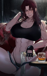 abs black_lagoon breasts brown_eyes brown_hair commentary couch crop_top fingerless_gloves glass gloves gun hair_down hand_in_own_hair handgun highres holding holding_gun holding_weapon ice ice_cube industrial_pipe large_breasts long_hair march_ab muscular muscular_female navel no_bra open_clothes open_shorts pistol revy_(black_lagoon) shorts shoulder_tattoo sitting smile tattoo thong twitter_username upper_body weapon  rating:Sensitive score:117 user:danbooru