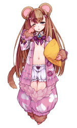  1girl ;o animal animal_ears barefoot bloomers blue_eyes blush book bow bow_bloomers bowtie breasts brooch brown_hair buttons cheese club_(shape) clubs diamond_(shape) dormouse_(monster_girl_encyclopedia) dormouse_(wonderland) food frills full_body jewelry kenkou_cross loli long_hair looking_at_viewer monster_girl monster_girl_encyclopedia mouse_ears mouse_girl mouse_tail navel no_bra official_art one_eye_closed open_clothes open_shirt pajamas pants pillow puffy_pants shirt simple_background sleepy small_breasts solo spade spade_(shape) standing tail tears thigh_gap thighhighs turtleneck unbuttoned underwear very_long_hair white_background wiping_tears zettai_ryouiki  rating:Questionable score:266 user:HunterStrike