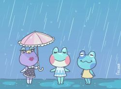  animal_crossing animated animated_png dancing frejann frog gigi_(animal_crossing) jeremiah_(animal_crossing) lily_(animal_crossing) nintendo pink_umbrella puddle rain umbrella 