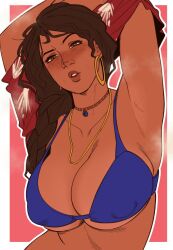 1girl arms_up bare_shoulders breasts brown_hair closed_eyes clothes_lift dark-skinned_female dark_skin earrings freckles hoop_earrings jewelry large_areolae large_breasts lips long_hair marvel nastacic parted_lips rio_morales shiny_skin shirt_lift solo spider-man:_into_the_spider-verse spider-man_(series) spider-verse thighs thong underwear undressing wide_hips  rating:Questionable score:124 user:Popote