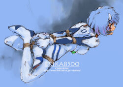  1girl arms_behind_back artist_name ayanami_rei bad_id bdsm blue_background blue_hair bodysuit bondage bound bound_ankles bound_arms bound_legs bound_wrists breasts commentary crossed_ankles female_focus from_above full_body gagged gloves interface_headset looking_at_viewer looking_back looking_up lying neon_genesis_evangelion on_stomach plugsuit red_eyes restrained shadow shibari shibata_masahiro short_hair small_breasts solo spread_legs watermark web_address white_bodysuit white_gloves worried 