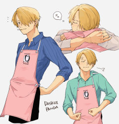 &gt;_&lt; 1boy :3 adjusting_clothes apron beard_stubble blonde_hair blue_shirt cigarette clenched_hands closed_eyes collared_shirt commentary cropped_legs crossed_arms curly_eyebrows facial_hair grin hair_over_one_eye highres iqracha long_bangs male_focus one_piece panda pants pink_apron sanji_(one_piece) shirt short_hair simple_background sleeping smile smoking smug striped_clothes stubble thought_bubble white_background white_shirt x3 zzz 
