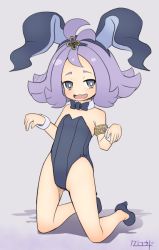  1girl :3 acerola_(pokemon) alternate_costume animal_ears armband bare_legs bare_shoulders blue_bow blue_bowtie blue_footwear blue_leotard blush bow bowtie collarbone creatures_(company) detached_collar fake_animal_ears female_focus flat_chest full_body game_freak garoudo_(kadouhan&#039;i) grey_background hair_ornament hairband half-closed_eyes hands_up high_heels kneeling legs_apart leotard loli matching_hair/eyes nintendo npc_trainer open_mouth paw_pose playboy_bunny pokemon pokemon_sm purple_eyes purple_hair shoes short_hair signature simple_background smile solo strapless text_focus translated wrist_cuffs  rating:Questionable score:53 user:AngryZapdos