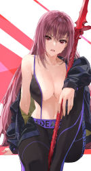  1girl bare_shoulders bikini black_bikini black_jacket black_pants breasts cleavage fate/grand_order fate_(series) gae_bolg_(fate) hair_between_eyes highres jacket large_breasts long_hair long_sleeves looking_at_viewer navel off_shoulder open_clothes open_jacket open_mouth pants polearm purple_hair red_eyes scathach_(fate) solo spear swimsuit thighs weapon wet yahako 