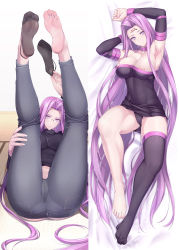 1girl arm_behind_head arm_up armpits ass bare_shoulders barefoot black_sweater breasts close-up collar denim facial_mark fate/grand_order fate/stay_night fate_(series) feet feet_only feet_together feet_up female_focus foot_focus forehead_mark glasses head_out_of_frame highres jeans large_breasts legs_up long_hair looking_at_viewer matching_hair/eyes medusa_(fate) medusa_(rider)_(fate) midriff_peek multiple_views nipples no_shoes pants pantylines purple_eyes purple_hair ruton-niki sideboob simple_background single_sock sleeveless smile socks soles spread_toes square_pupils sweater thighs tight_clothes tight_pants toes turtleneck turtleneck_sweater very_long_hair white_background rating:Questionable score:139 user:danbooru