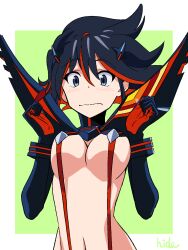  1girl black_hair blue_eyes breasts cleavage closed_mouth commentary_request cropped_torso dot_nose embarrassed gloves green_background grey_eyes hair_between_eyes hide12862152 highres kill_la_kill large_breasts looking_at_viewer matoi_ryuuko medium_hair multicolored_hair navel red_hair senketsu simple_background solo streaked_hair upper_body white_background 