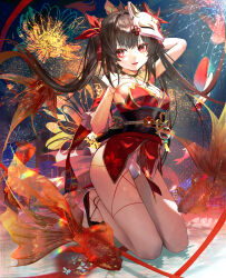  1girl absurdres black_footwear black_hair breasts butterfly-shaped_pupils c1718259 commentary_request fireworks fish fox_mask full_body goldfish hair_ribbon highres honkai:_star_rail honkai_(series) japanese_clothes kimono kneeling long_hair mask mask_on_head obi open_mouth panties red_eyes red_kimono red_ribbon ribbon sash shoes small_breasts solo sparkle_(honkai:_star_rail) string symbol-shaped_pupils twintails underwear very_long_hair white_panties wrist_cuffs 