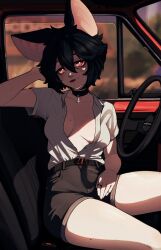  1girl absurdres animal_ears arm_rest bat_ears bat_girl black_hair blush breasts breasts_apart car car_interior car_seat choker collared_shirt commentary cross cross_choker dress_shirt english_commentary fang fang_out glowing glowing_eyes hand_on_own_thigh head_rest head_tilt high-waist_shorts highres jewelry looking_at_viewer mekrani mole mole_on_breast mole_on_thigh mole_under_eye mole_under_mouth motor_vehicle multiple_moles multiple_rings no_bra open_clothes original partially_unbuttoned red_eyes red_lips ring shirt shirt_tucked_in short_sleeves shorts sitting steering_wheel thighs unbuttoned unbuttoned_shirt white_shirt 